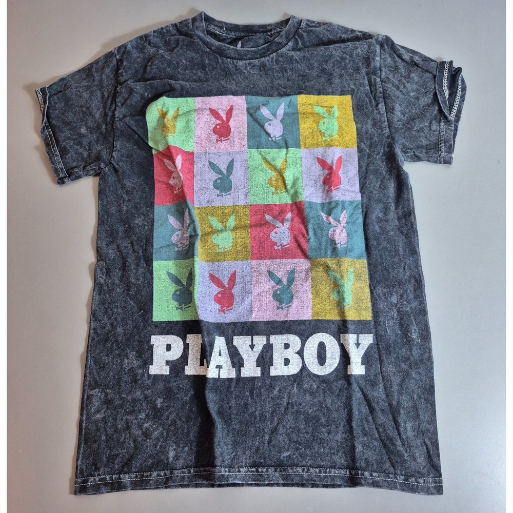 Playboy Multicolored Bunny Logo Mens T-Shirt Small Gray